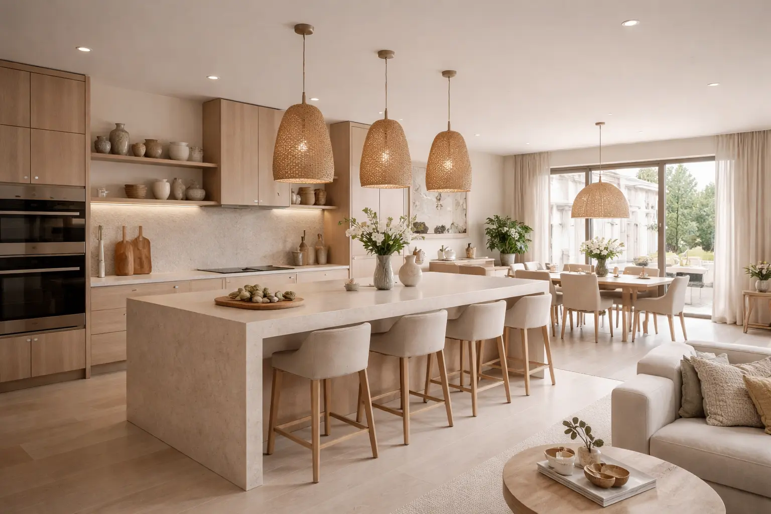 Eine Helle, Offene Wohnküche Mit Einer Großen Kochinsel, Die In Einen Ess Und Wohnbereich Übergeht. Die Farben Sind In Warmen Beigetönen Gehalten, Im Hintergrund Sieht Man Leise Einbaugeräte.