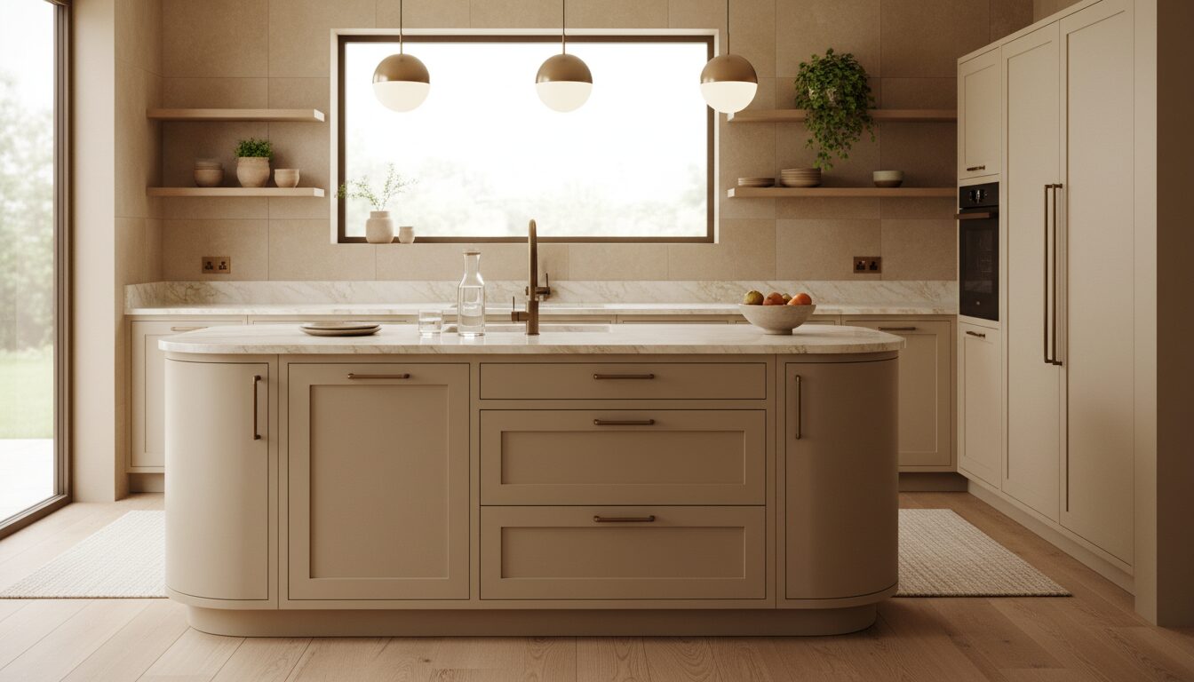 Eine moderne Wohnküche mit einer abgerundeten Kochinsel in einem warmen Beigeton, akzentuiert mit Griffen und einer Armatur in Bronze.