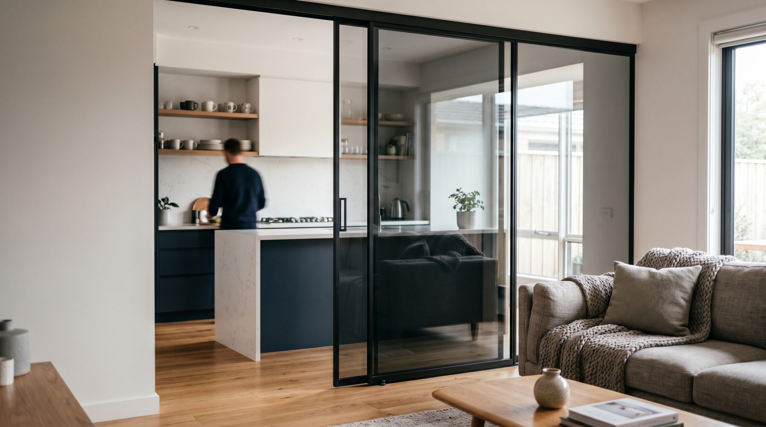 Elegante Schiebetür aus Rauchglas trennt Küche von Wohnbereich