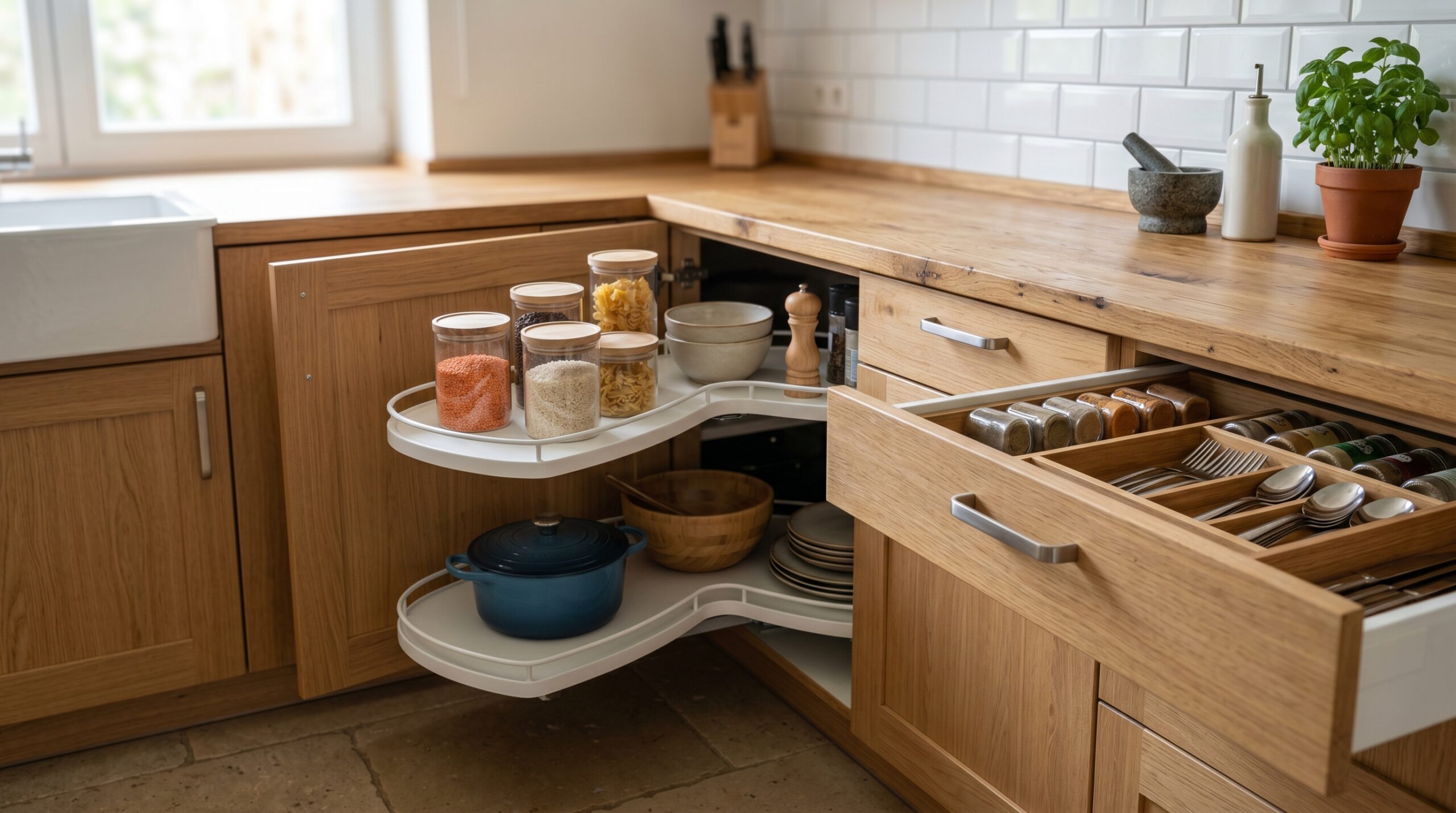 Detailaufnahme einer Küchenecke mit durchdachten Stauraumlösungen in Unterschränken