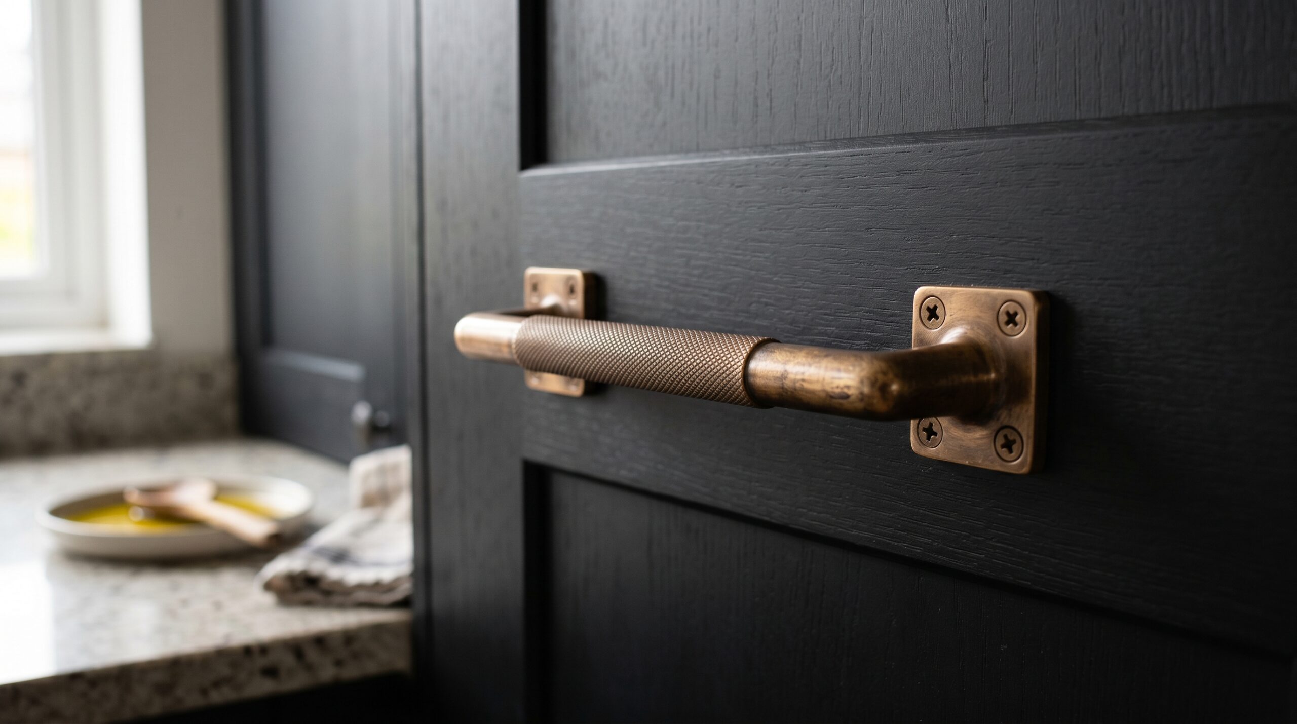 Detailaufnahme eines bronzefarbenen Küchengriffs auf einer mattschwarzen Front