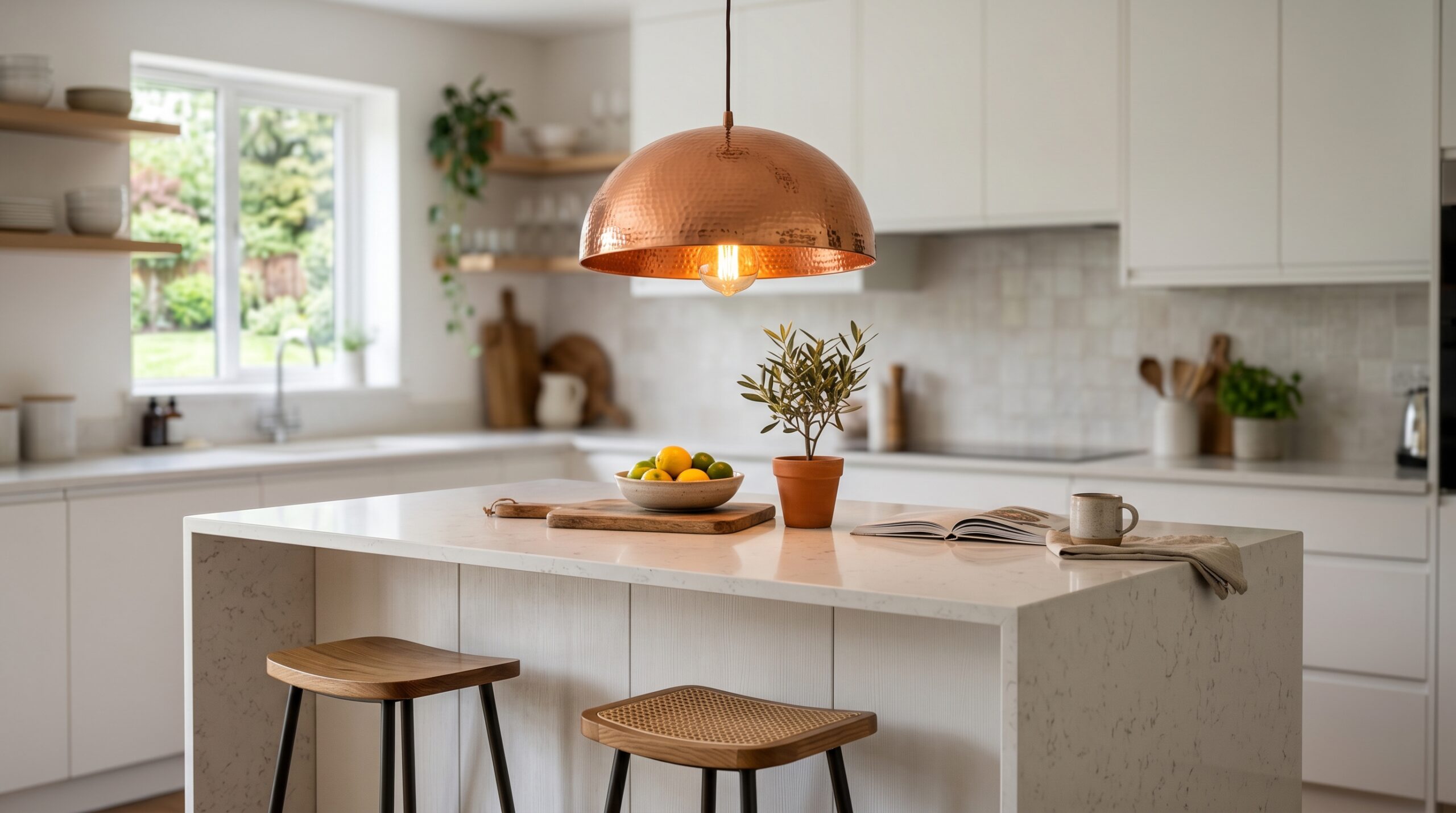 Moderne Kücheninsel mit einer Hängeleuchte aus Kupfer darüber