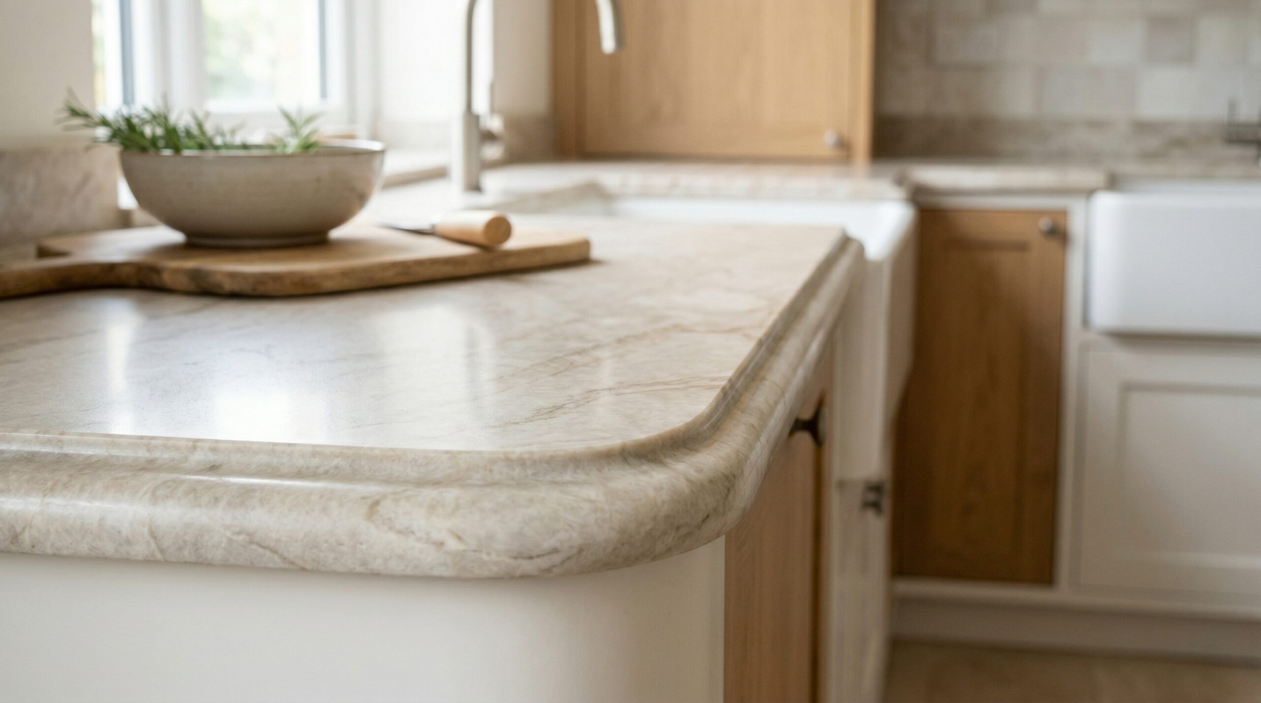 Detailaufnahme einer abgerundeten Arbeitsplatte aus hellem Stein