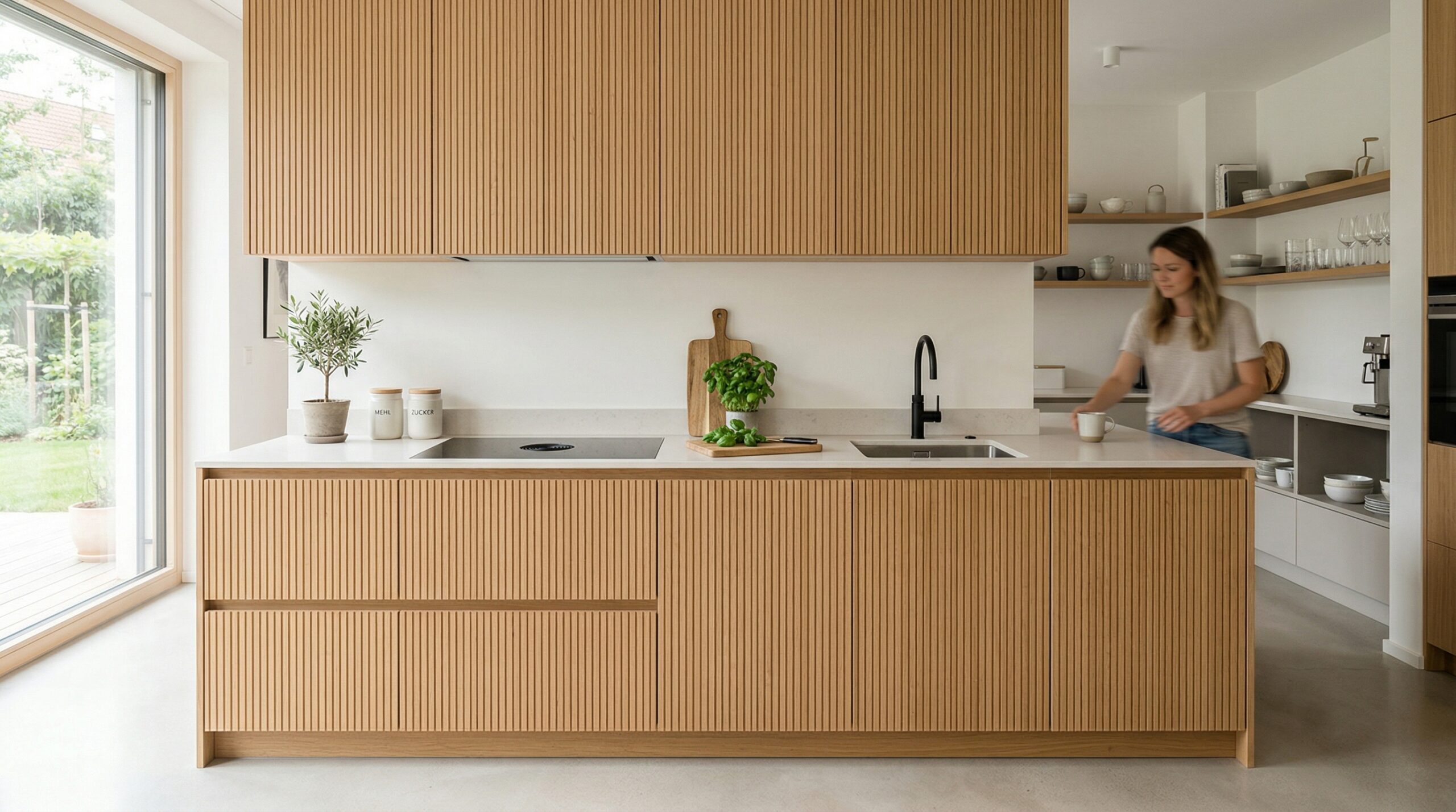 Grifflose Küchenfronten mit sanft gefrästen, vertikalen Linien