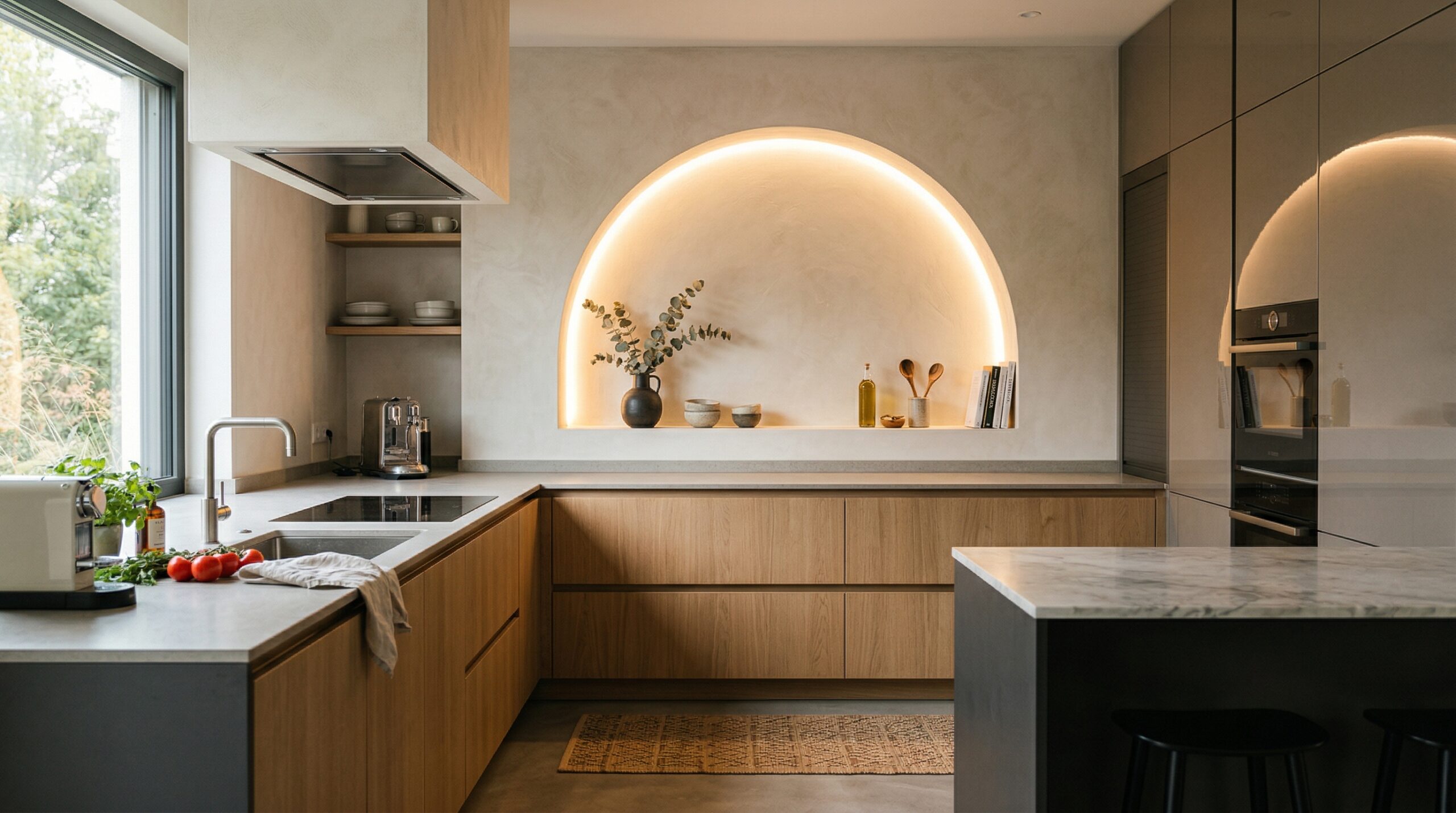Moderne Küche mit einer bogenförmigen, beleuchteten Nische in der Rückwand
