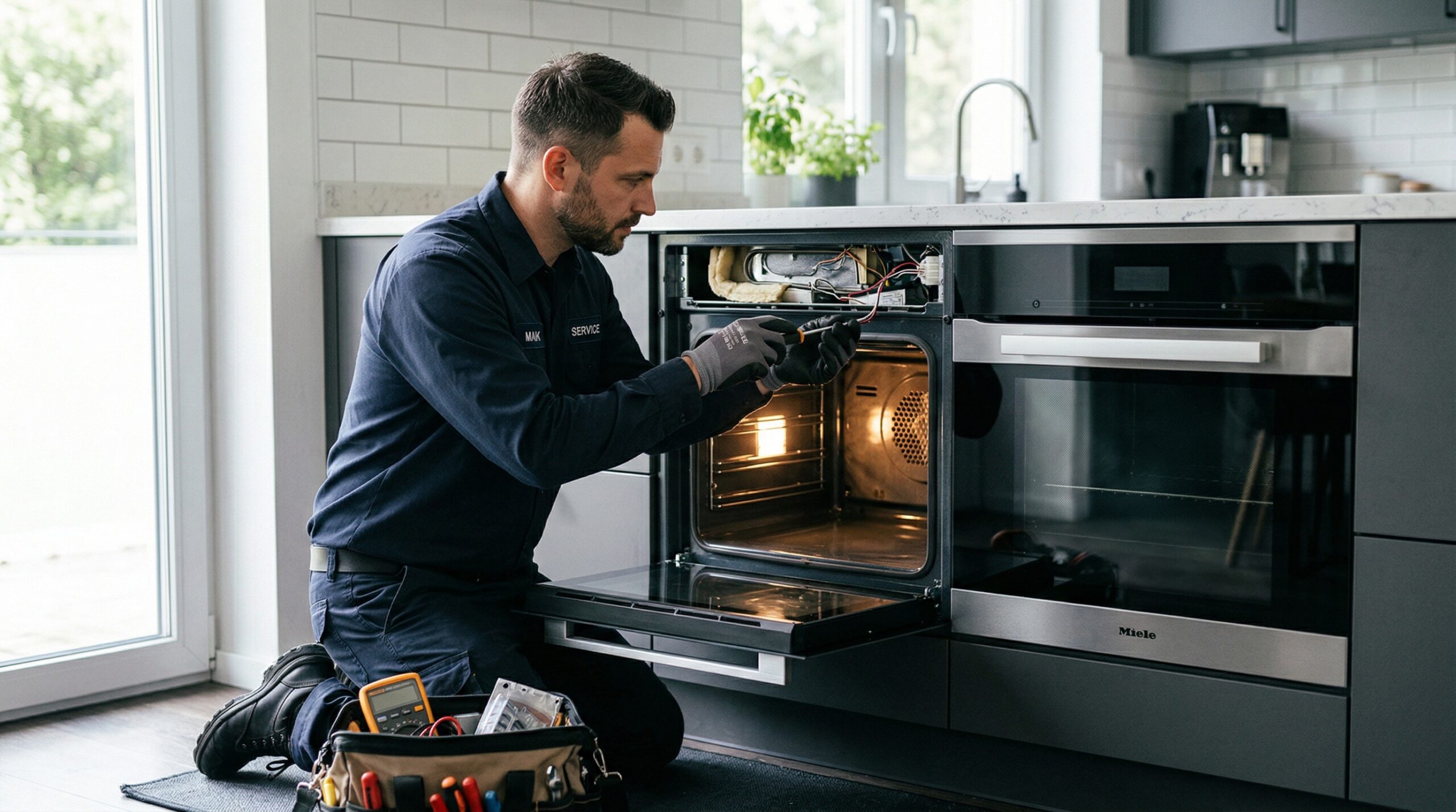 Techniker bei der Reparatur eines hochwertigen Einbau-Backofens