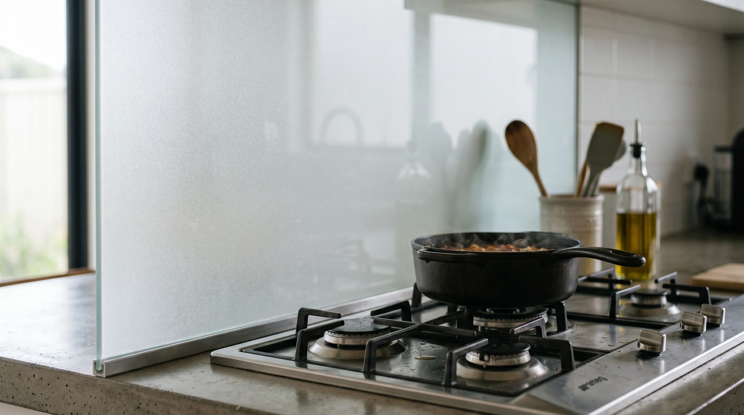 Detailaufnahme einer satinierten Glas-Küchenrückwand hinter einem Kochfeld